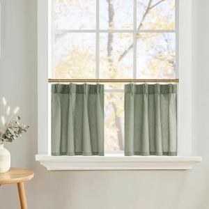 image:imageNICETOWN Natural Pinch Pleated Linen Kitchen Curtains 36 Inches Long 2 Panels Set Farmhouse Light Filtering Short Curtains for Cafe Bar Living Room Bedroom Window 40 W x 36 LSage Green