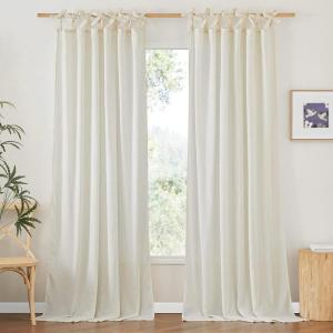 image:imageNICETOWN Pink Linen Curtains for Girls Room Tie Top Stripe Pattern Light Filtering Semi Sheer Window Treatments DIY Crafted Privacy for Bedroom W52 x L84 2 PanelsOff White