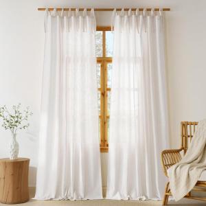 image:imageNICETOWN Pink Linen Curtains for Girls Room Tie Top Stripe Pattern Light Filtering Semi Sheer Window Treatments DIY Crafted Privacy for Bedroom W52 x L84 2 PanelsCream