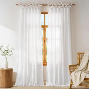 image:imageNICETOWN Pink Linen Curtains for Girls Room Tie Top Stripe Pattern Light Filtering Semi Sheer Window Treatments DIY Crafted Privacy for Bedroom W52 x L84 2 PanelsWhite