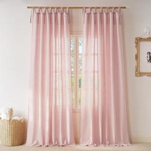 image:imageNICETOWN Pink Linen Curtains for Girls Room Tie Top Stripe Pattern Light Filtering Semi Sheer Window Treatments DIY Crafted Privacy for Bedroom W52 x L84 2 PanelsPink