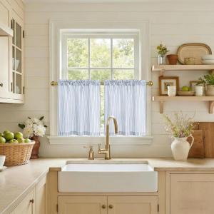 image:imageNICETOWN Sheer Linen Kitchen Curtains 24 Inch Length Sage Green Striped Print Curtains for Living Room Bedroom Farmhouse Bathroom Decor with Rod Pocket for Window 3024 2 PanelsBlue