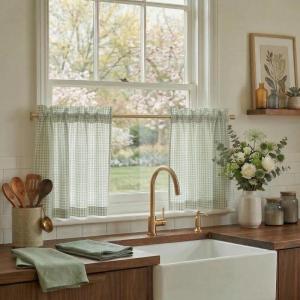 image:imageNICETOWN Sheer Linen Kitchen Curtains 24 Inch Length Sage Green Striped Print Curtains for Living Room Bedroom Farmhouse Bathroom Decor with Rod Pocket for Window 3024 2 PanelsSage Green