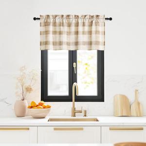 image:imageNICETOWN Sheer Linen Kitchen Curtains 24 Inch Length Sage Green Striped Print Curtains for Living Room Bedroom Farmhouse Bathroom Decor with Rod Pocket for Window 3024 2 PanelsCoffe  White