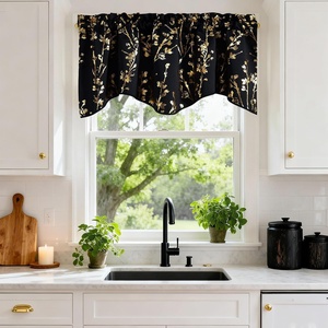 image:imageNICETOWN Blackout Kitchen Valances for Windows Black Floral Scalloped Decor for Living Room Bathroom Gold Foil Flower Shadow Printed Drapes 18 Inch Length with Rod Pocket W42L18 1 PanelFloral Print Black