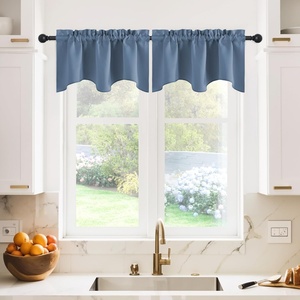 image:imageNICETOWN Blackout Kitchen Valances for Windows Black Floral Scalloped Decor for Living Room Bathroom Gold Foil Flower Shadow Printed Drapes 18 Inch Length with Rod Pocket W42L18 1 PanelStone Blue