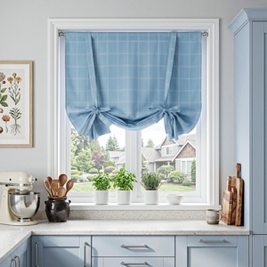 image:imageNICETOWN Farmhouse Buffalo Plaid 100 Blackout Ballon Shades Thermal Insulated Multi Hanging Ways Shade Short Rod Pocket Curtain for Kitchen Liftable Tier Roman Blind Taupe 34 W x 45 L 1 PanelGrid Pattern  Sea Blue  White